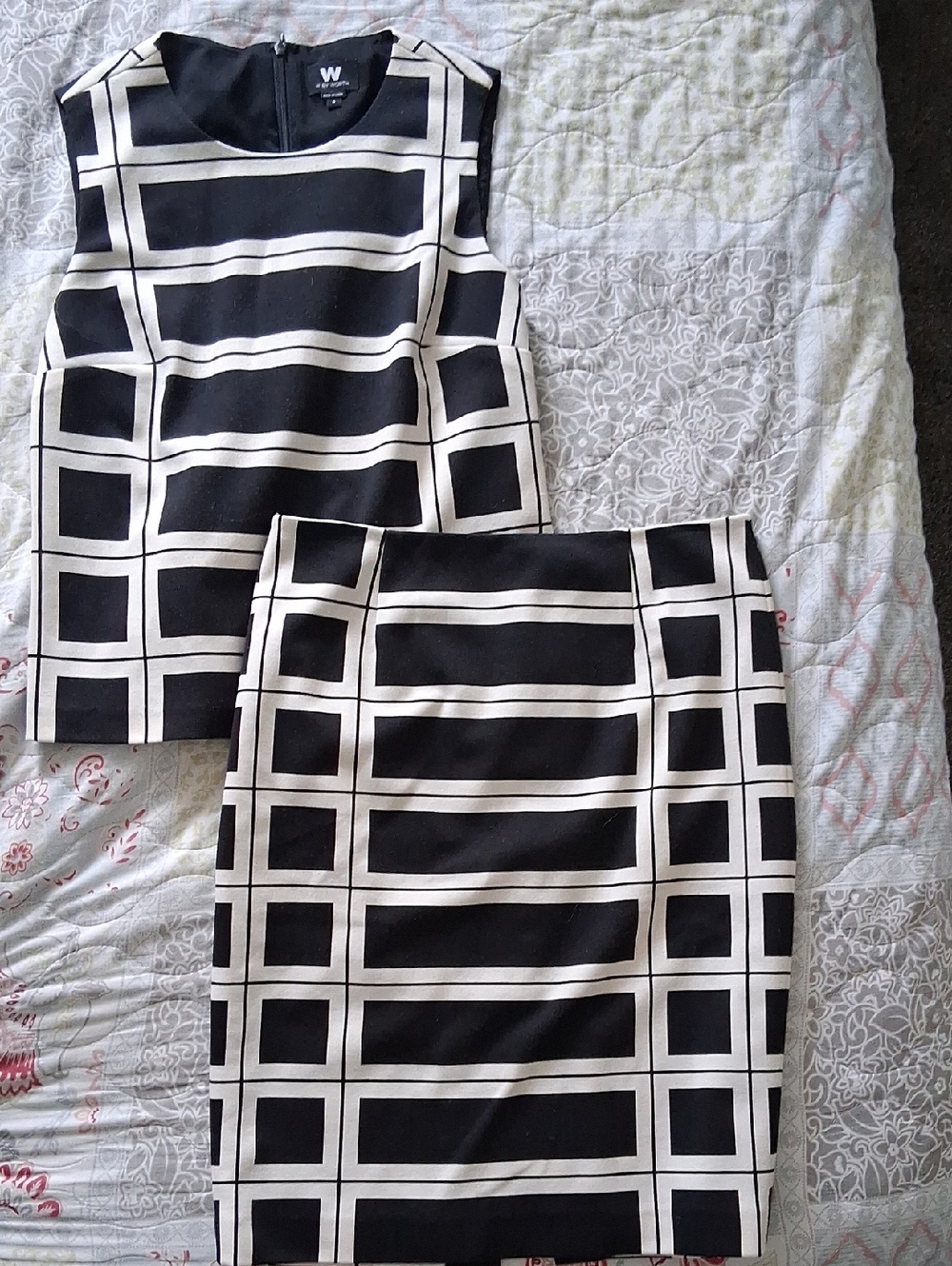 W By Worth Black and Cream Grid Two-Piece Skirt Set